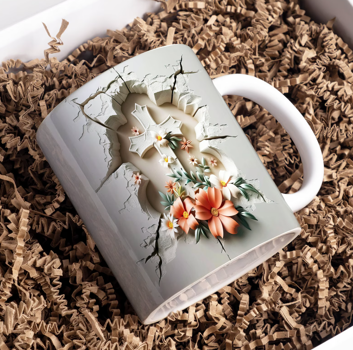 Religious Ceramic Mug - Cross with Flowers-Anastasi Gifts