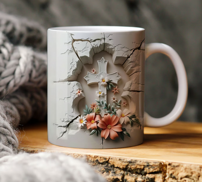 Religious Ceramic Mug - Cross with Flowers-Anastasi Gifts