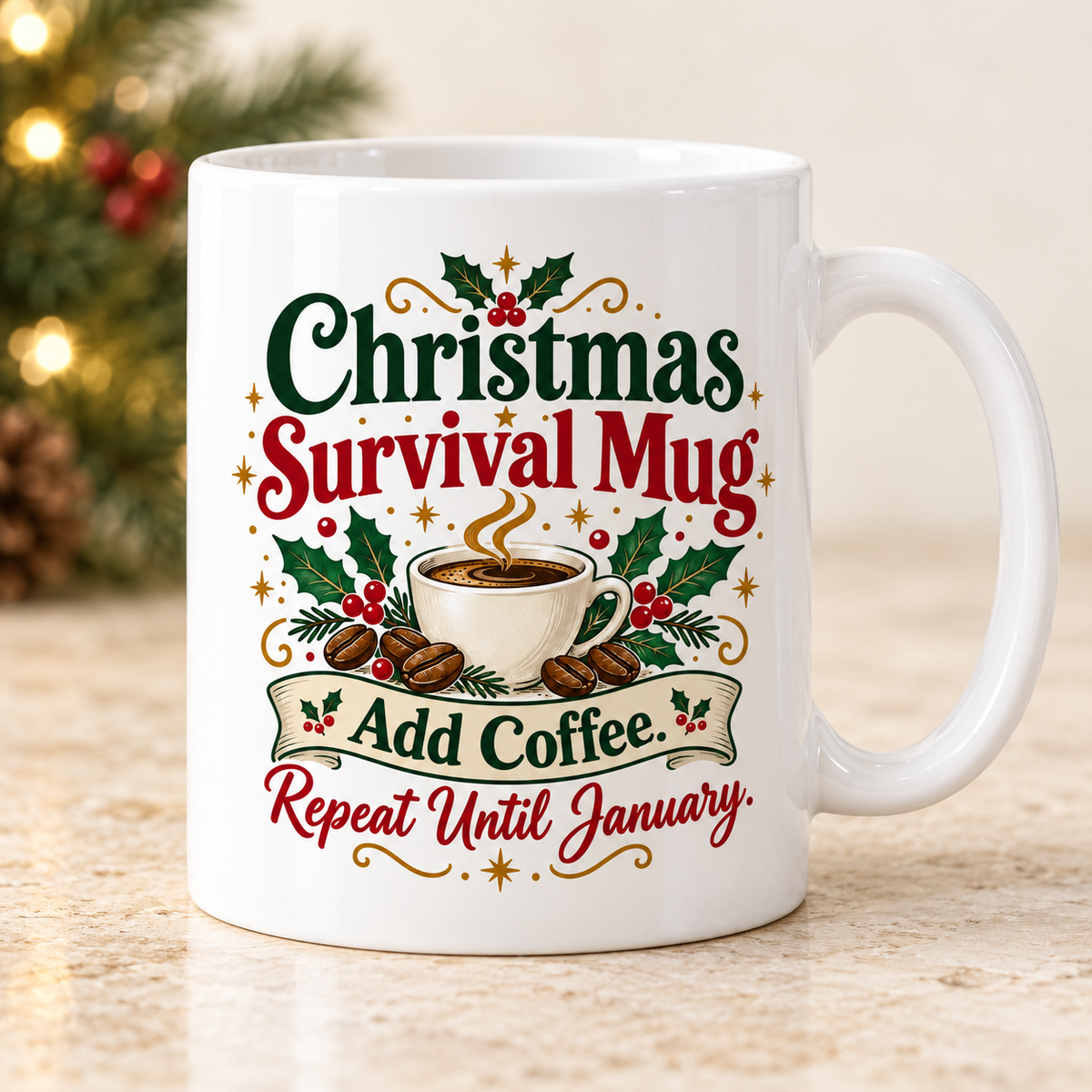 Christmas Survival Mug white 11oz ceramic mug, front view