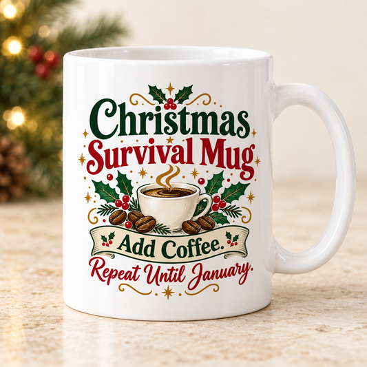 Christmas Survival Mug white 11oz ceramic mug, front view