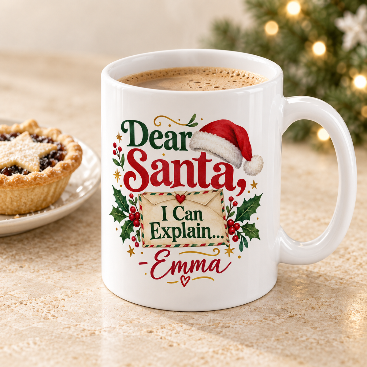 Dear Santa white 11oz ceramic mug with sample personalisation, elevated three-quarter view