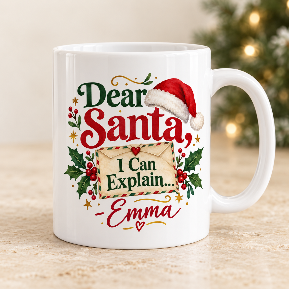 Dear Santa white 11oz ceramic mug with sample personalisation, front view