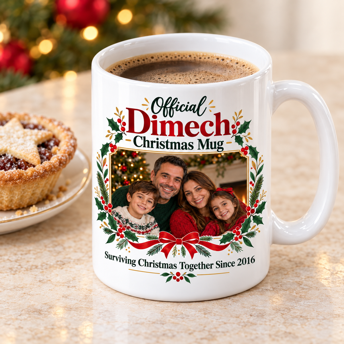 Family Christmas Photo white 11oz ceramic mug with sample personalisation, elevated three-quarter view