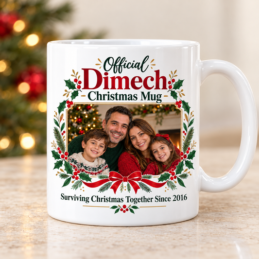 Family Christmas Photo white 11oz ceramic mug with sample personalisation, front view
