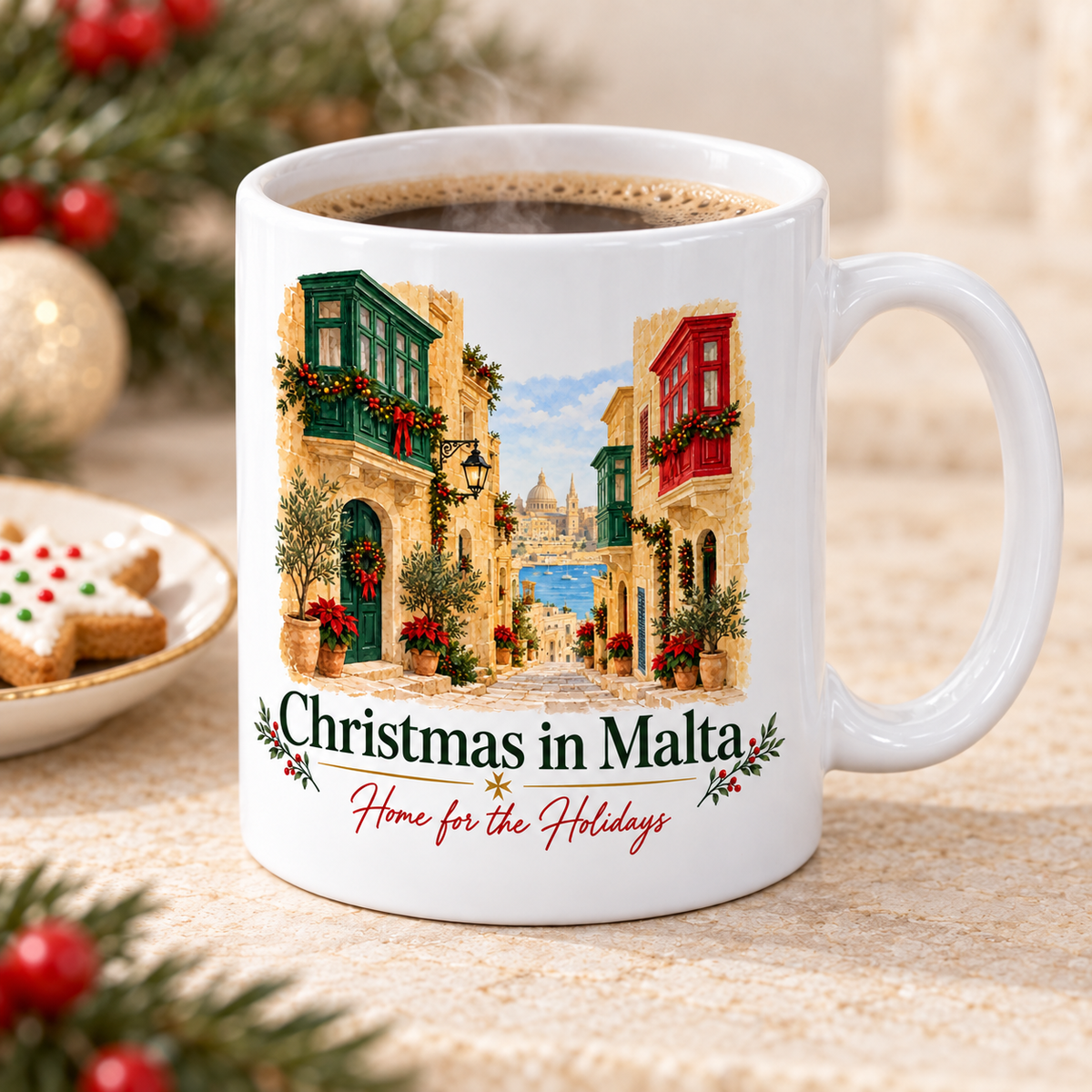 Christmas in Malta white 11oz ceramic mug, elevated three-quarter view