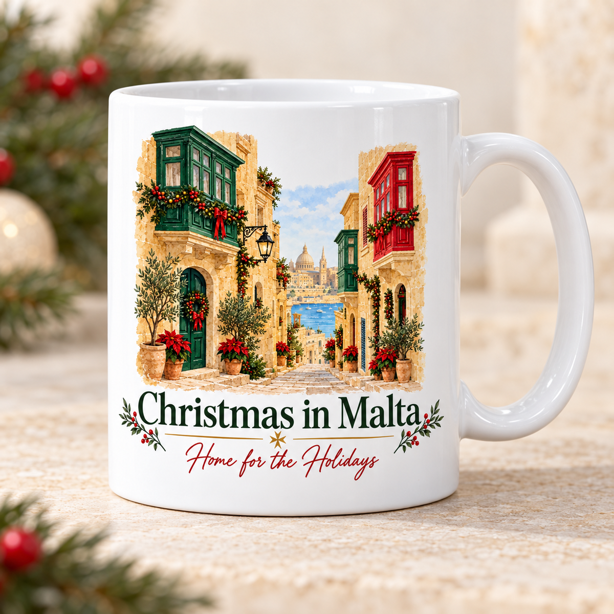 Christmas in Malta white 11oz ceramic mug, front view