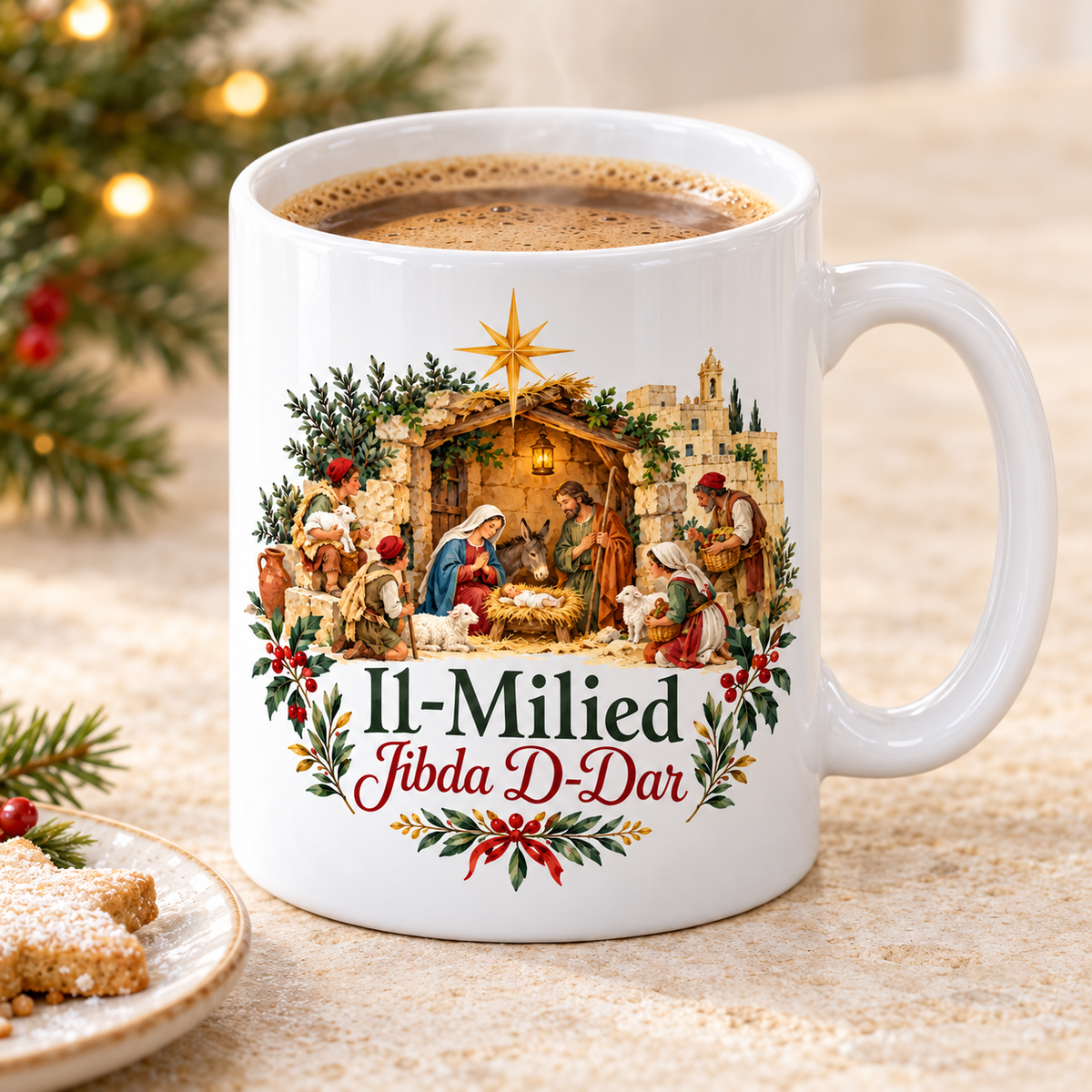 Il-Presepju white 11oz ceramic mug, elevated three-quarter view