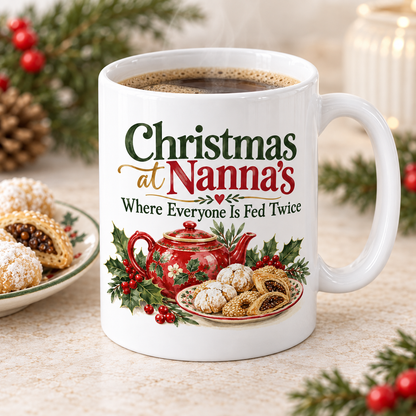 Christmas at Nanna's white 11oz ceramic mug, elevated three-quarter view