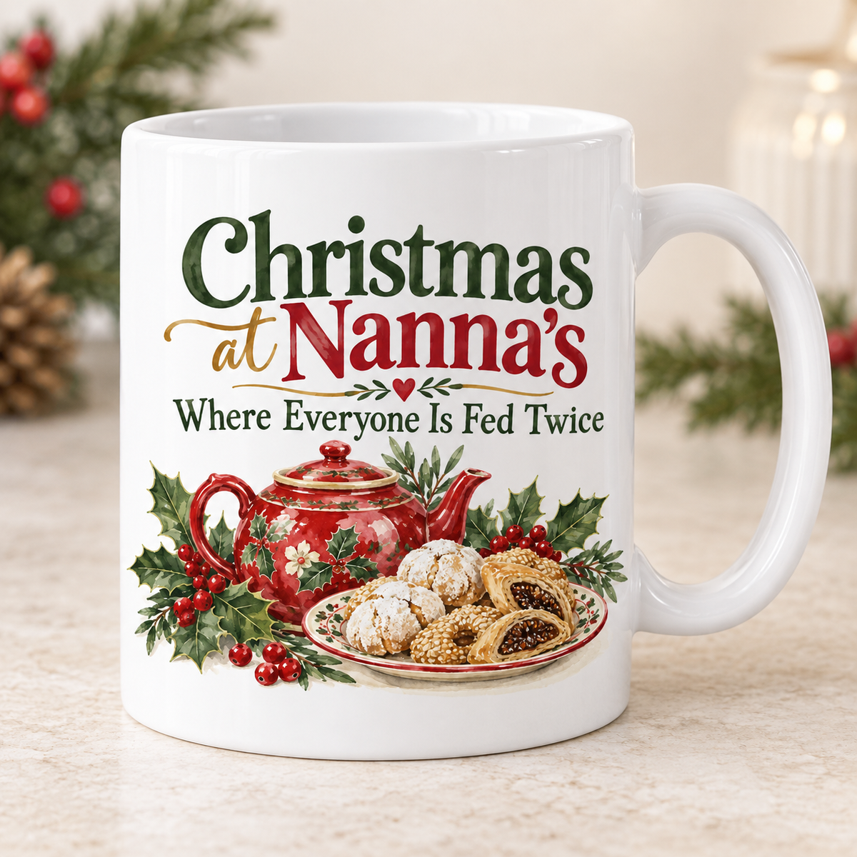 Christmas at Nanna's white 11oz ceramic mug, front view