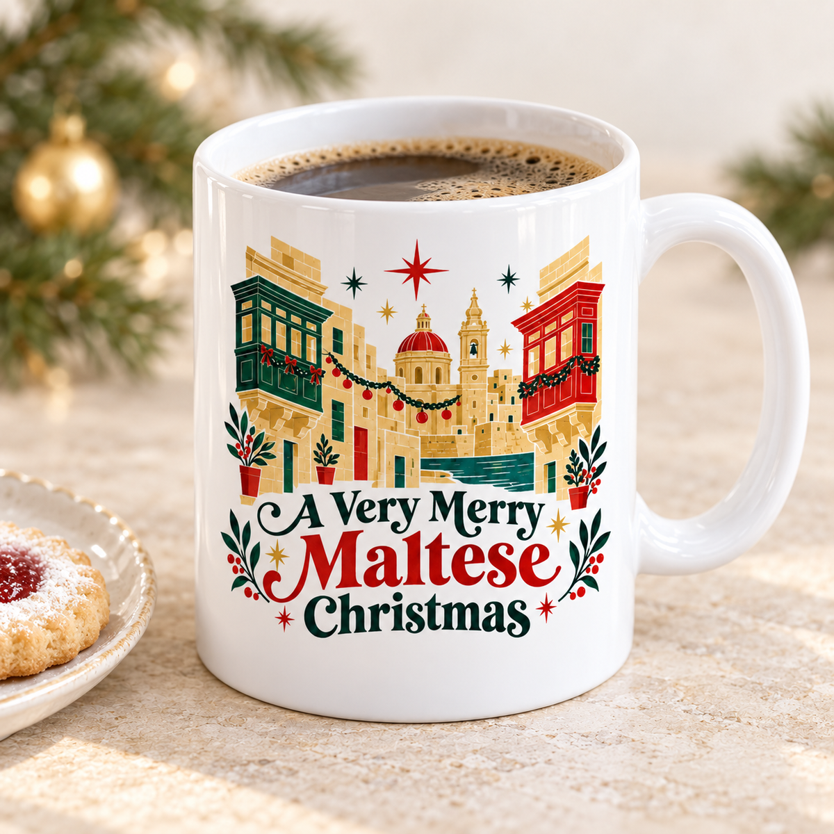 Retro Malta Christmas white 11oz ceramic mug, elevated three-quarter view