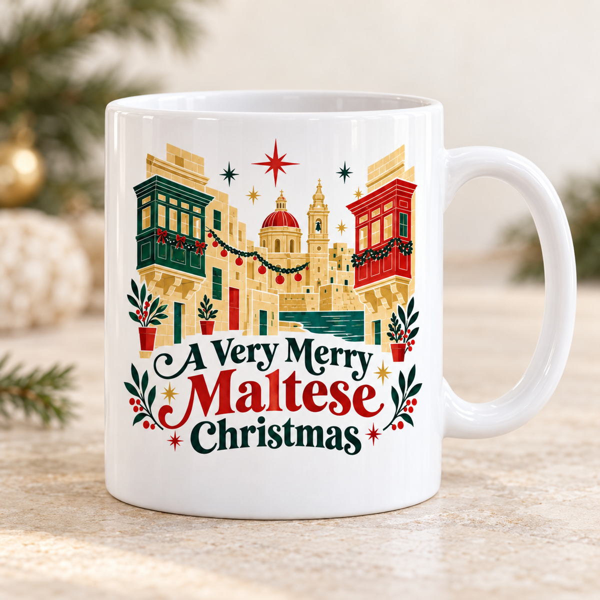 Retro Malta Christmas white 11oz ceramic mug, front view