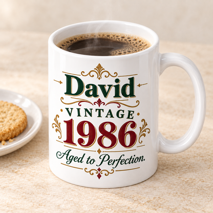 Vintage Year white 11oz ceramic mug with sample personalisation, elevated three-quarter view