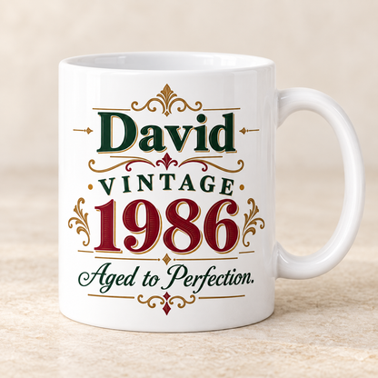 Vintage Year white 11oz ceramic mug with sample personalisation, front view