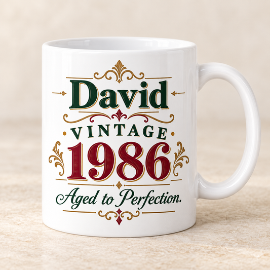 Vintage Year white 11oz ceramic mug with sample personalisation, front view