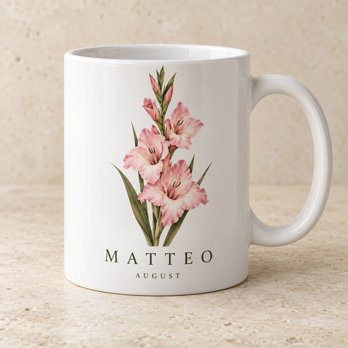 August gladiolus personalised birth flower name mug
