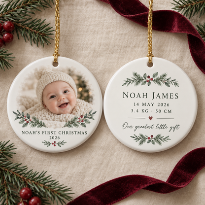 Front and back of a double-sided Baby's First Christmas photo ornament with birth details