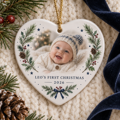 Heart-shaped Baby's First Christmas photo ornament personalised for a baby boy