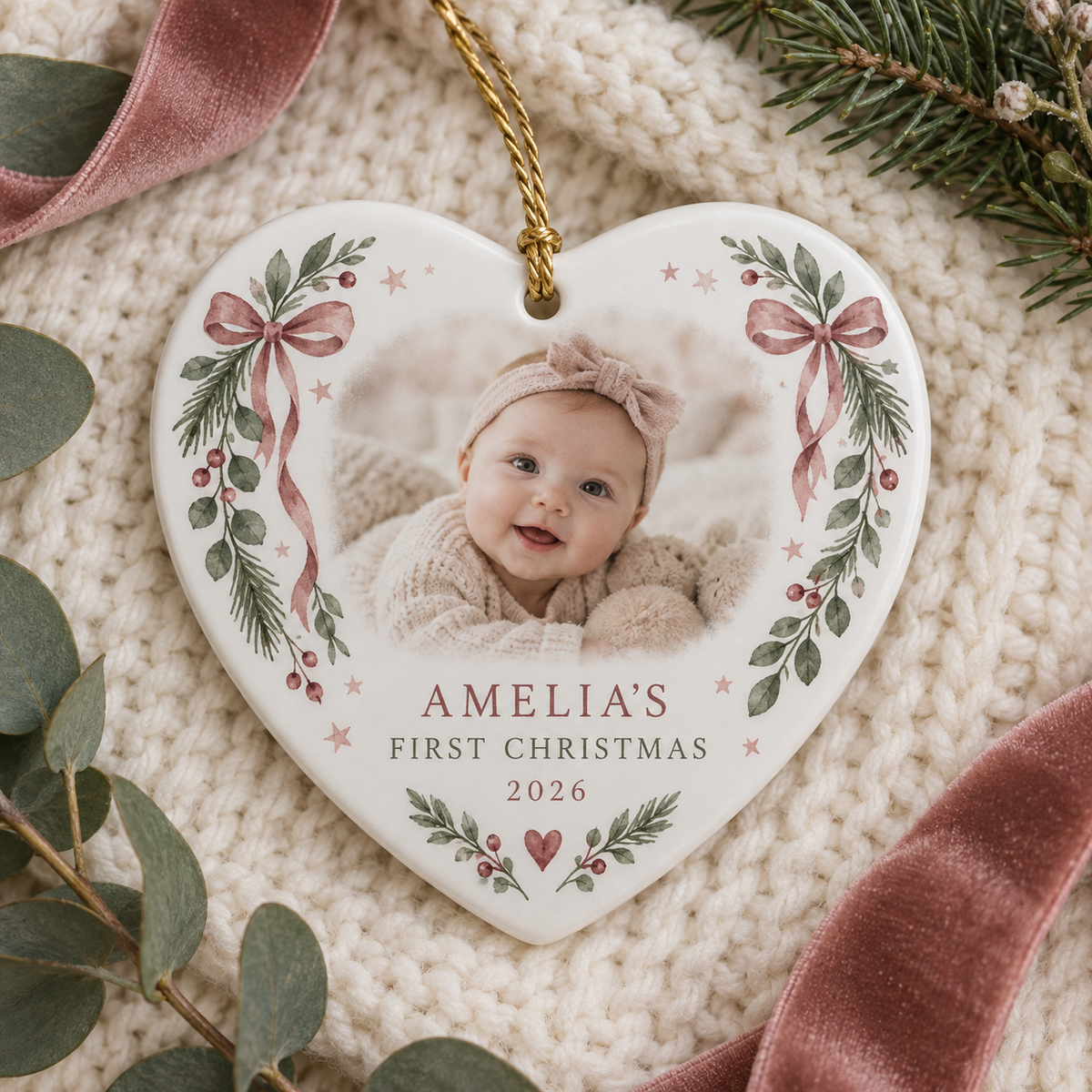 Heart-shaped Baby's First Christmas photo ornament personalised for a baby girl