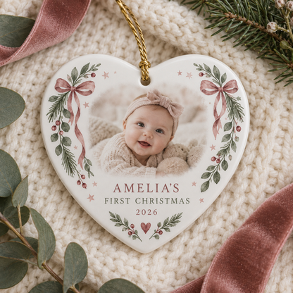 Heart-shaped Baby's First Christmas photo ornament personalised for a baby girl