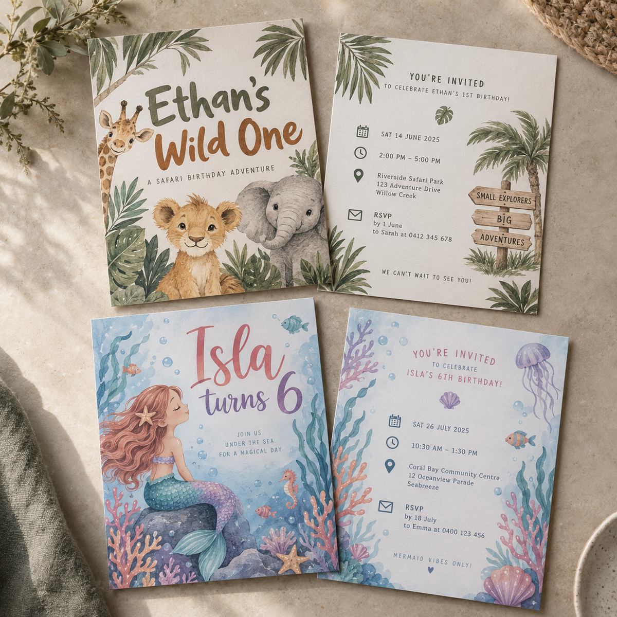 Front and reverse personalised birthday invitation examples in safari and underwater themes
