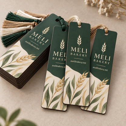 Stack of matching personalised business logo bookmarks