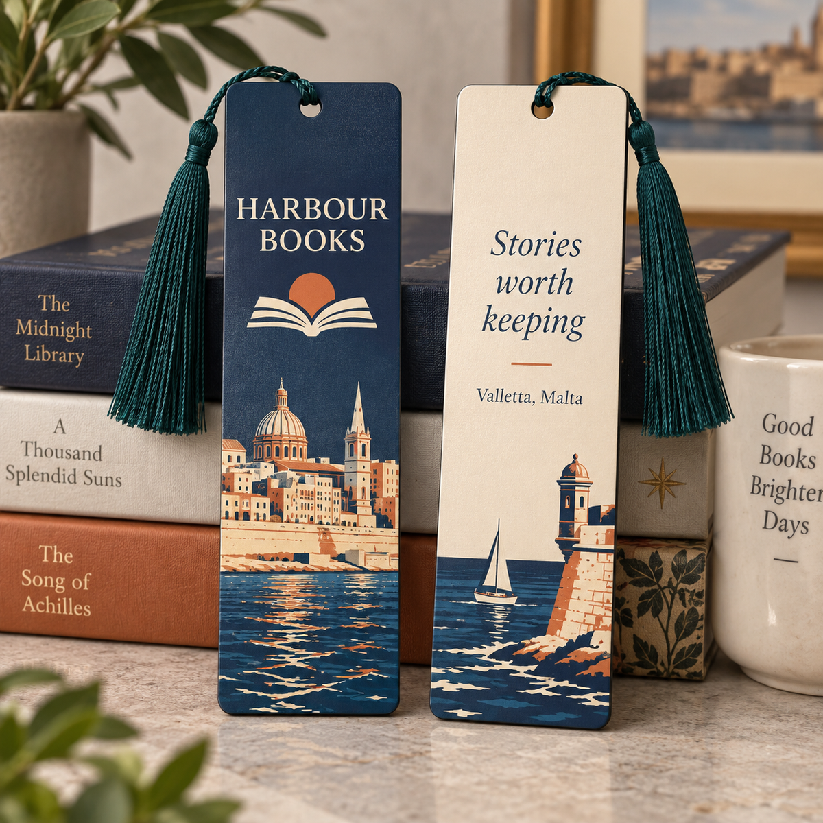 Double-sided branded bookmark for a Valletta bookshop
