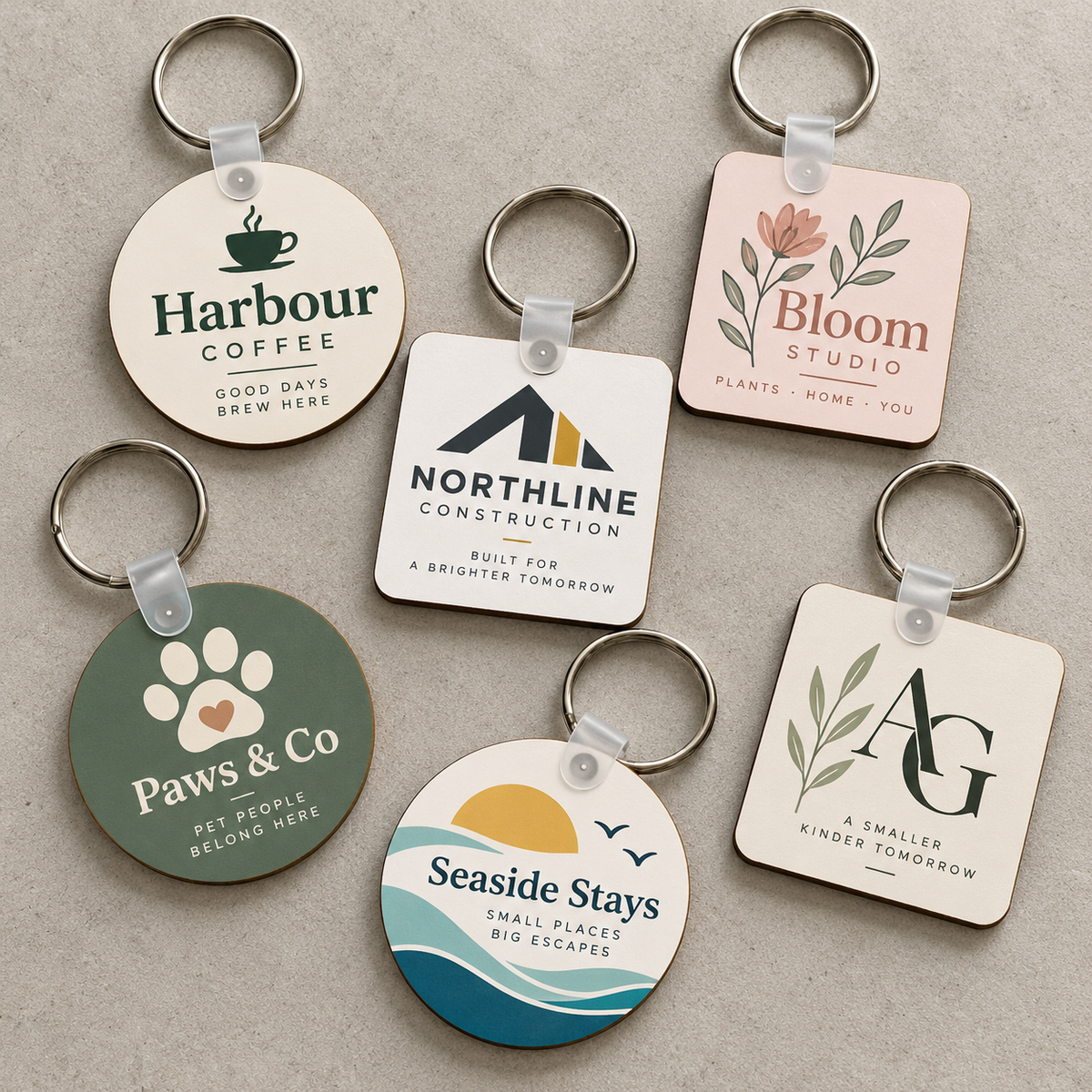 Custom promotional keychains with assorted fictional small business logos
