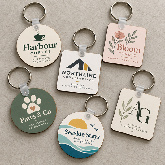 Custom promotional keychains with assorted fictional small business logos