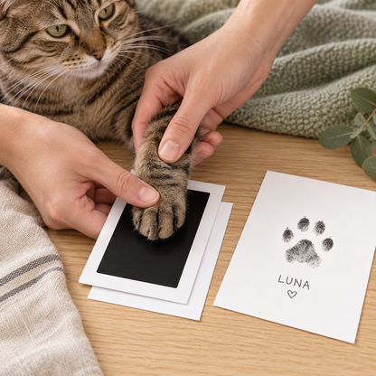 Cat paw being pressed onto a clean-touch pet paw print pad