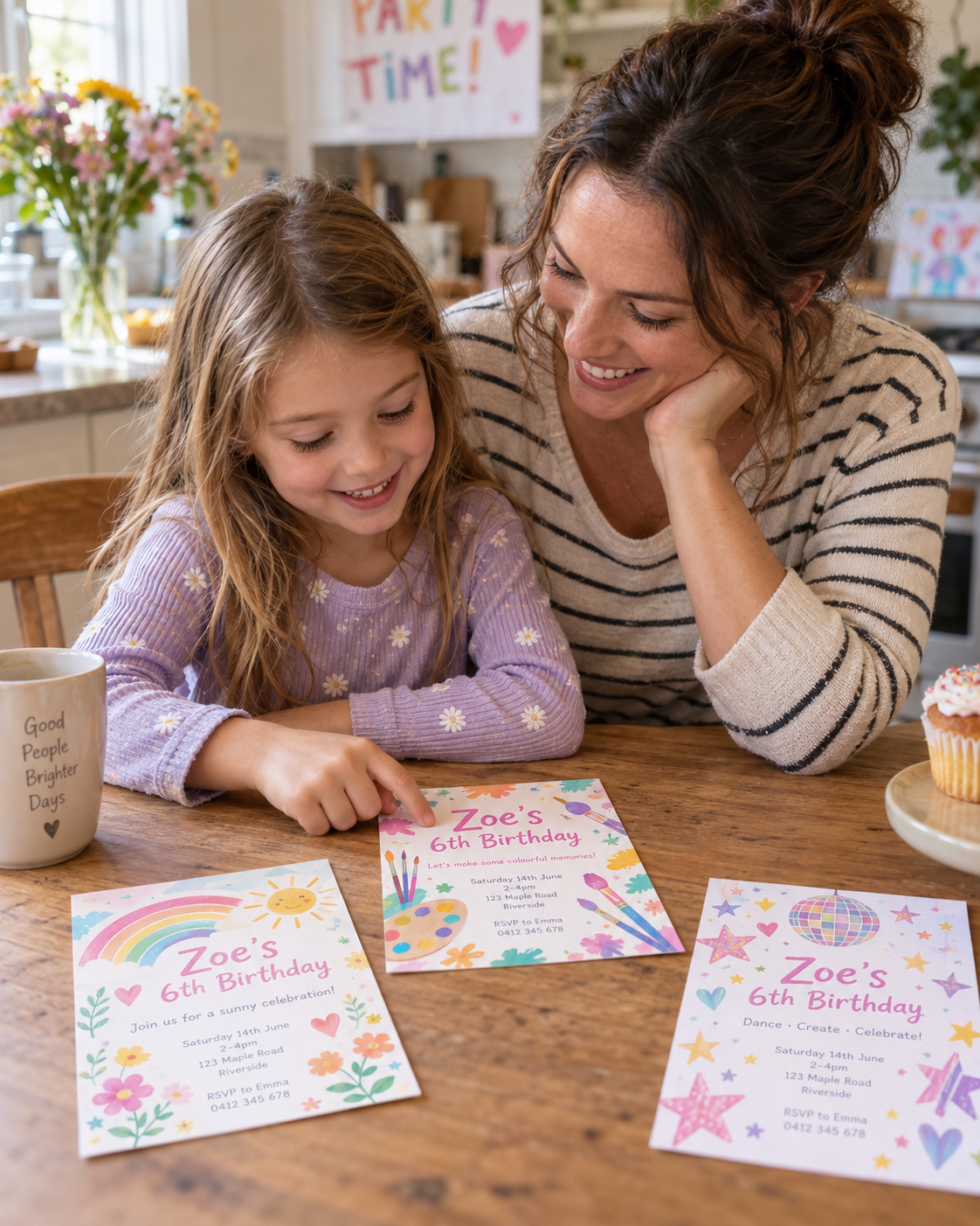 Parent and child choosing a personalised printed birthday invitation at home