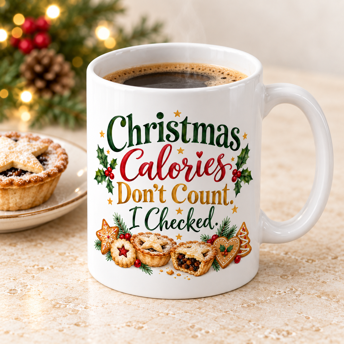 Christmas Calories white ceramic mug, elevated three-quarter view
