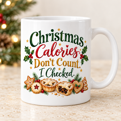 White 11oz Christmas Calories mug with festive mince pie artwork, front view