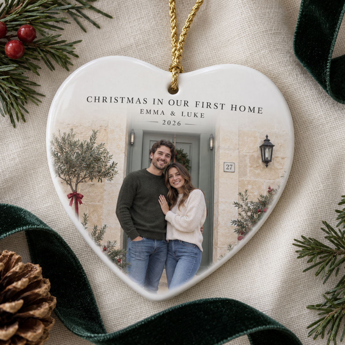 Heart-shaped First Christmas in Our First Home photo ornament featuring Emma and Luke outside their home
