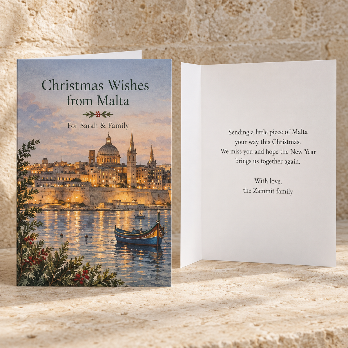 Personalised Christmas wishes from Malta card for friends or family abroad