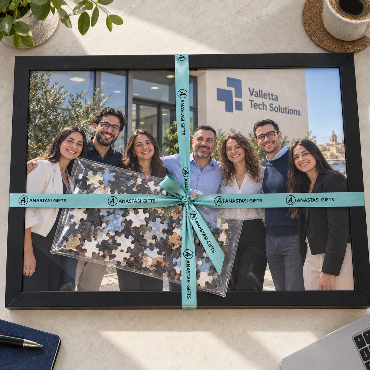 Custom corporate team photo puzzle with A3 black frame and Anastasi Gifts ribbon