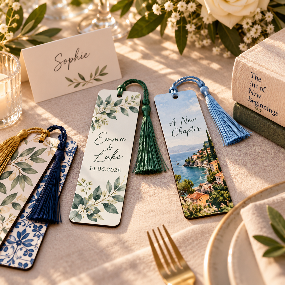 Personalised event and business bookmarks displayed with books