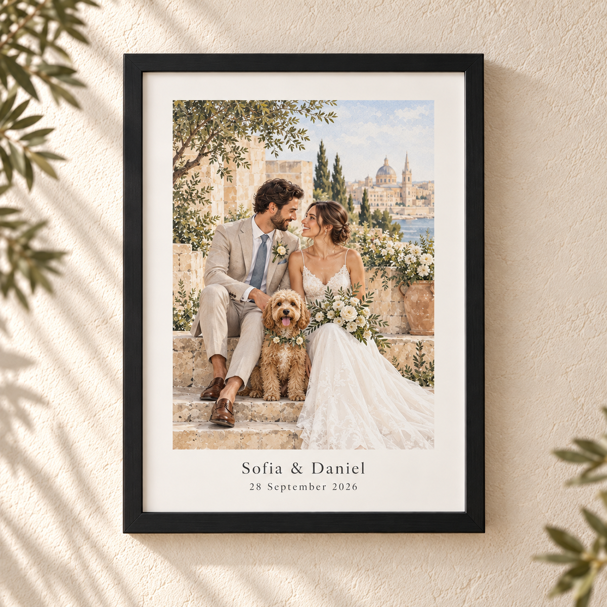 Black wall-hanging custom wedding portrait frame featuring a couple and their dog in Malta