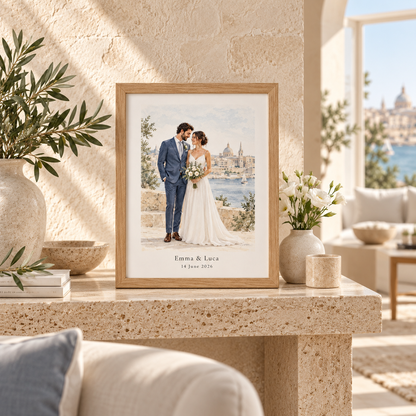 Oak custom wedding portrait frame styled in a Mediterranean home setting