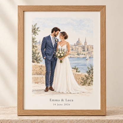Oak custom wedding portrait frame featuring a newlywed couple with the Valletta Malta skyline