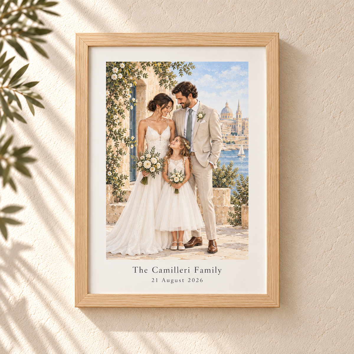 Oak wall-hanging custom wedding portrait frame featuring a bride, groom and daughter with a Malta backdrop