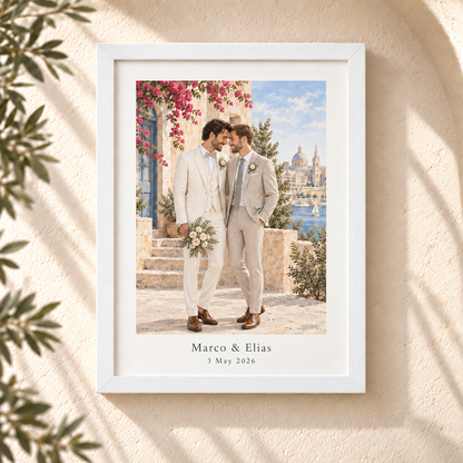 White wall-hanging custom wedding portrait frame featuring two grooms in a Mediterranean Malta setting