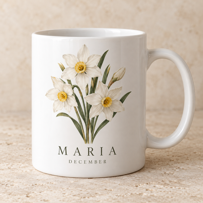December narcissus personalised birth flower name mug