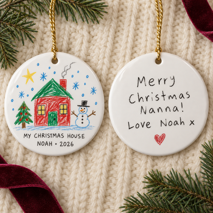 Double-sided ornament with Noah's Christmas drawing and handwritten message