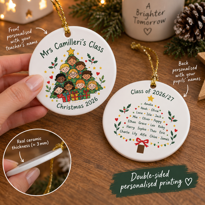 Double-sided personalised teacher Christmas ornament showing class wording and pupil names