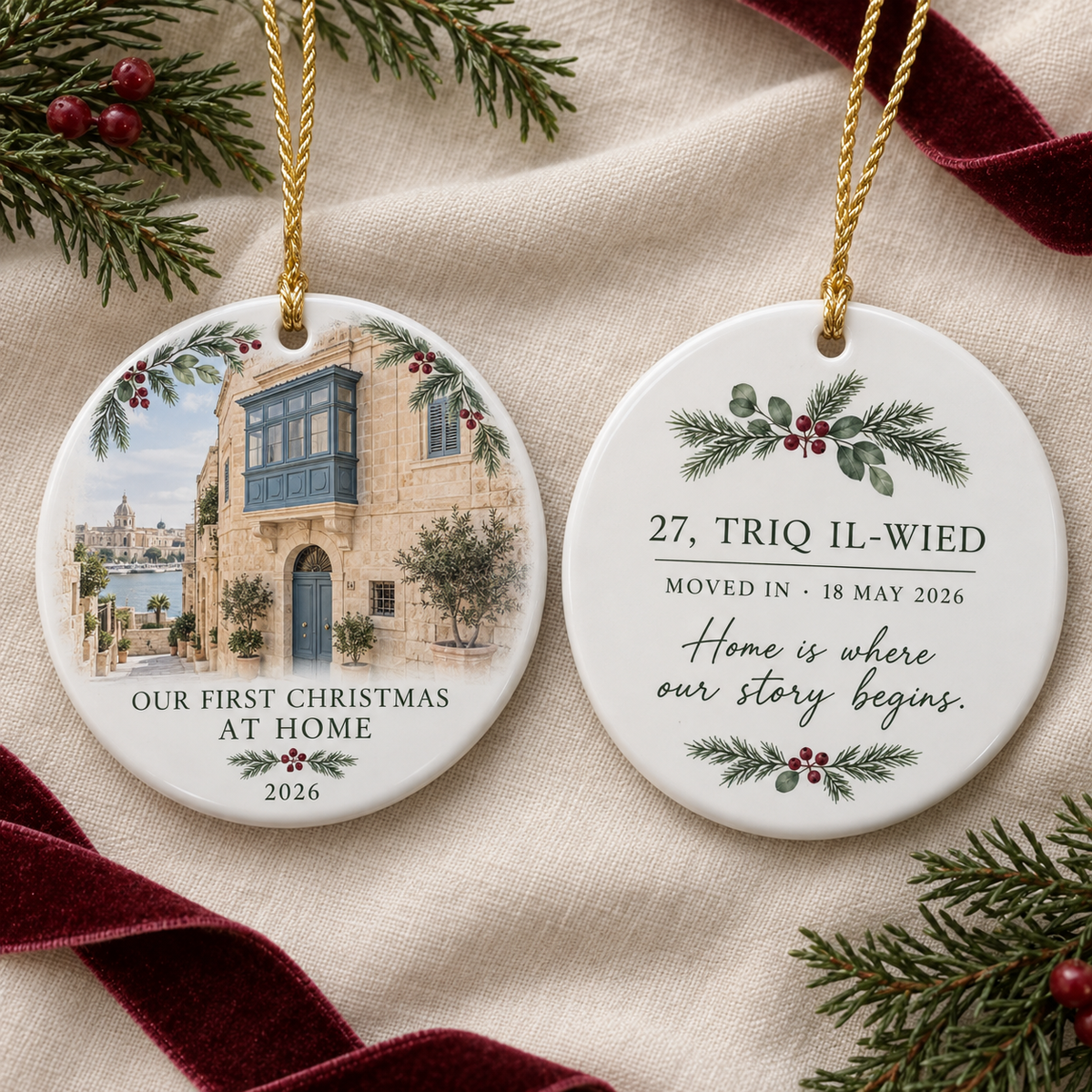 Front and back of a double-sided new-home Christmas ornament with house photograph, address and move-in date