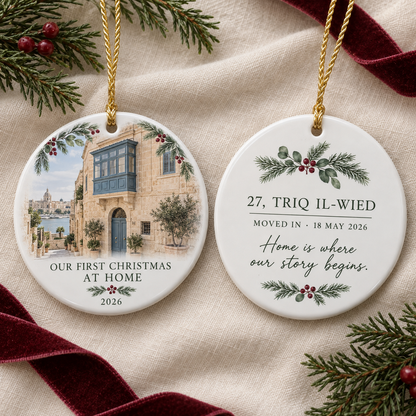 Front and back of a double-sided new-home Christmas ornament with house photograph, address and move-in date