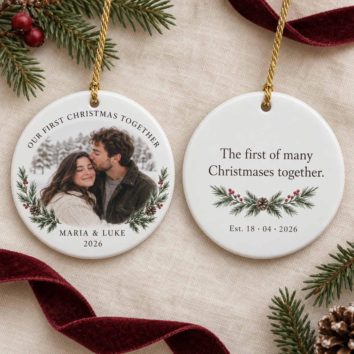 Front and back of a double-sided Our First Christmas Together ceramic ornament with photograph and message
