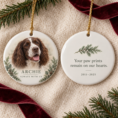 Front and back of a double-sided pet memorial ornament with Archie's photograph and personal message