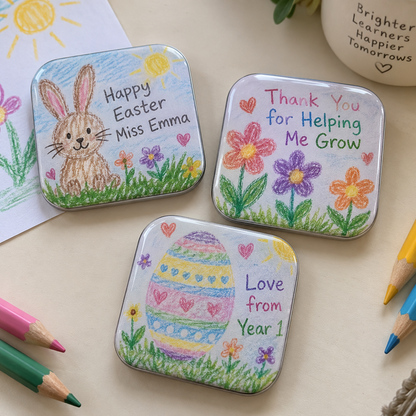 Close-up of personalised Easter appreciation magnet designs for teachers