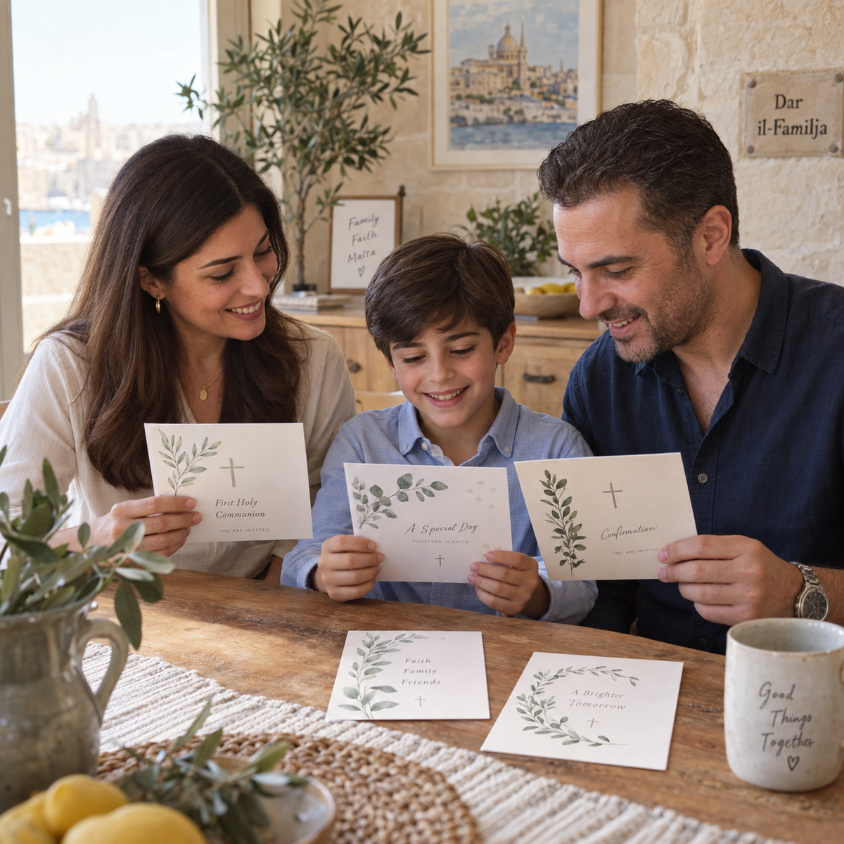 Family reviewing personalised Holy Communion and Confirmation invitations at home in Malta